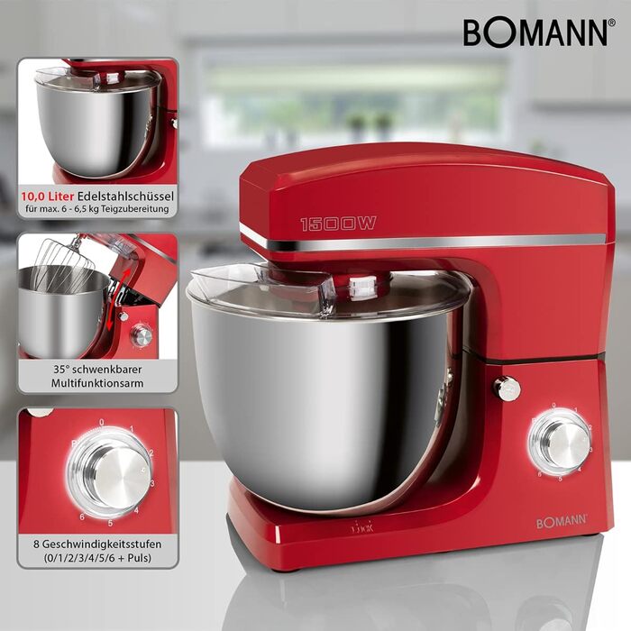 Кухонна машина Bomann KM 6036 CB червона: 1500 Вт, 10 л чаша, 8 швидкостей, для приготування тіста до 6 кг