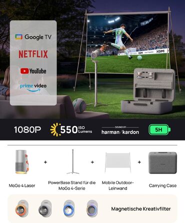 XGIMI MoGo 4: Портативний лазерний проєктор з Google TV, Harman Kardon, 550 ANSI люмен, до 2.5 год роботи, на відкритому повітрі