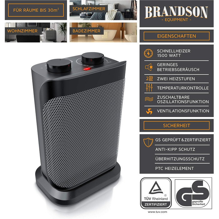 Керамічний обігрівач Brandson Heizlüfter E, 1500 Вт, енергоощадний тихий тепловентилятор для ванної кімнати та дому, 2 рівні потужності, регулювання температури, чорний/сірий