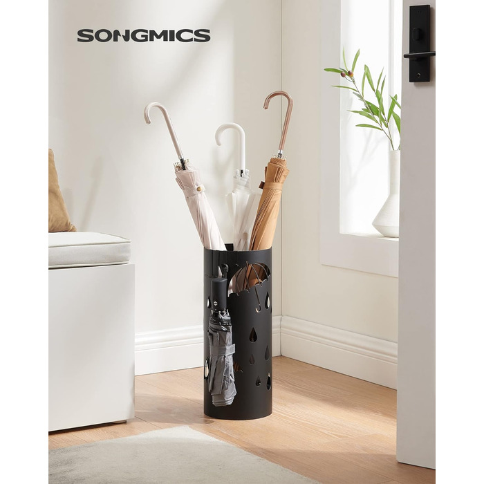 SONGMICS Підставка для парасольок, кругла, металева, з 4 гачками, знімний піддон для води, 17x41 см, чорна, для передпокою