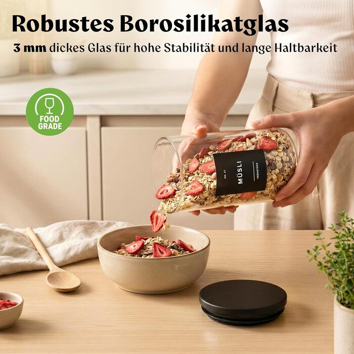 Набір скляних контейнерів для продуктів EDELHAUS з чорними кришками (5 шт.), органайзер для кухні з 54 етикетками для борошна, цукру, кави та чаю (2000мл, 1400мл, 650мл)