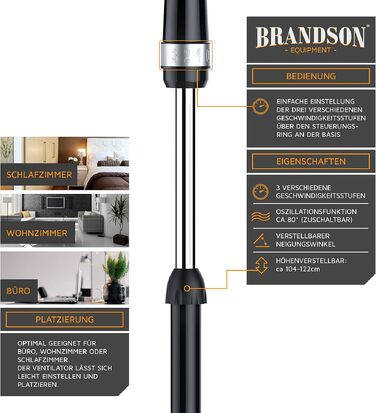 Вентилятор підлоговий Brandson 50 Вт, 40 см, регульована висота та кут нахилу 30°, 3 швидкості, коливання 80°