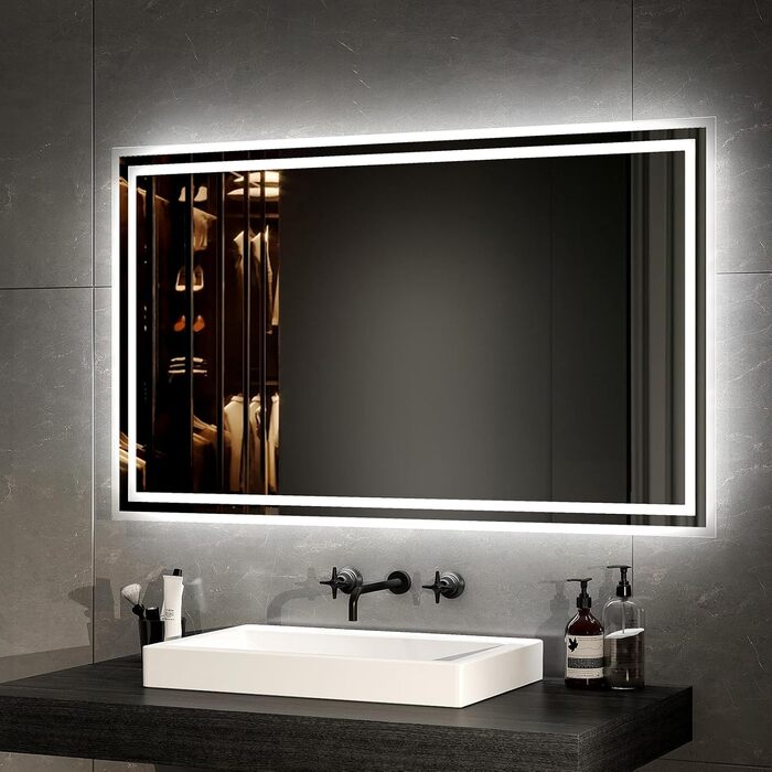 Дзеркало для ванної кімнати EMKE з підсвічуванням 40x60 см LED, антизапар, холодний/теплий білий, з кнопкою, алюмінієва рама, IP44, енергозберігаюче