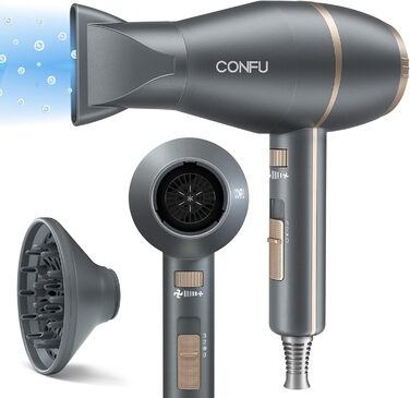 Професійний фен для волосся CONFU 2200W з дифузором, іонізацією, 3 температури, AC мотор, насадки, сірий