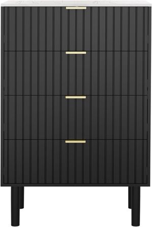 Комод UEV з 4 шухлядами, 60x34x94 см, вузький комод з мармуровою стільницею, шафа для зберігання у вітальню, спальню, коридор, чорний