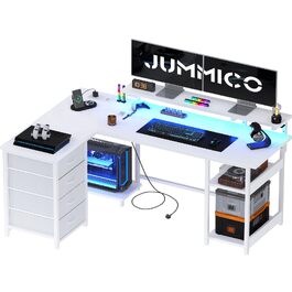 Ігровий кутовий стіл JUMMICO L-подібний (155x100 см) з LED-підсвіткою та розеткою, білий
