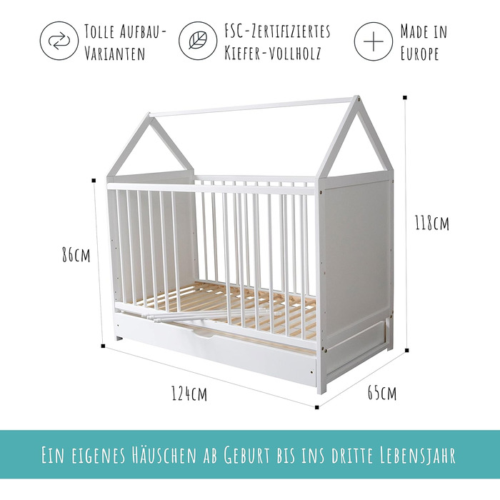 Дитяче ліжечко Kids Collective 60x120 см з матрацом і шухлядою, біле, дерев'яне, трансформер, регульоване дно, для немовлят
