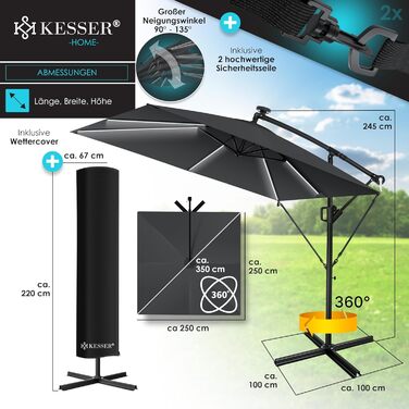 Сонячна прямокутна парасоля KESSER Holly з LED-підсвіткою, алюмінієва, з чохлом та вітрозахистом, антрацит, 350 см, водостійка, для саду, з ручкою-кривошипом, UV-захист
