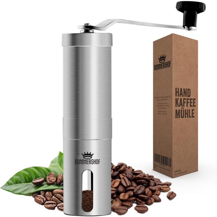 Кавомолка ручна з керамічними жорнами Kaffeemühle 2.0 - Еспресо-кавомолка з нержавіючої сталі + щітка та мішок для збору кави. Точне регулювання помелу.