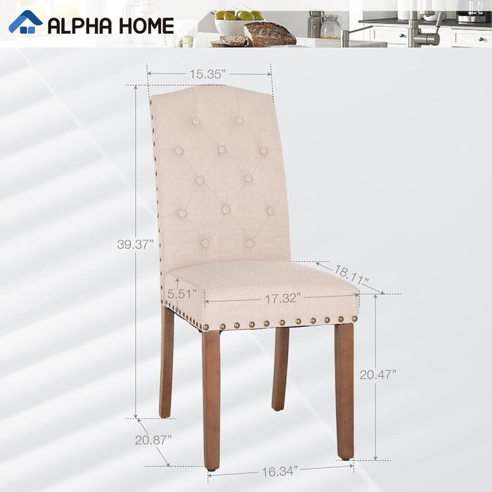 Набір з 2 кухонних стільців ALPHA HOME, м'які стільці з високою спинкою, дерев'яні ніжки, оббивка з льону, бежеві