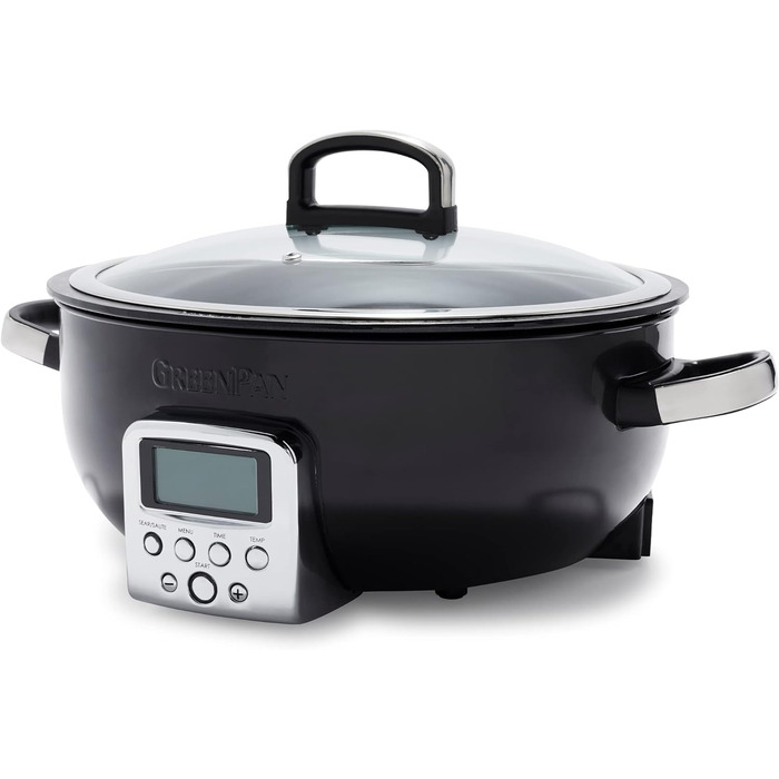 Мультифункціональний електричний мультиварка GreenPan Elite Essential 5,6 л, керамічне антипригарне покриття без PFAS, LED-дисплей, автоматичні програми, чорний колір, для смаження, тушкування, варіння та приготування рису, знімні частини для посудомийки