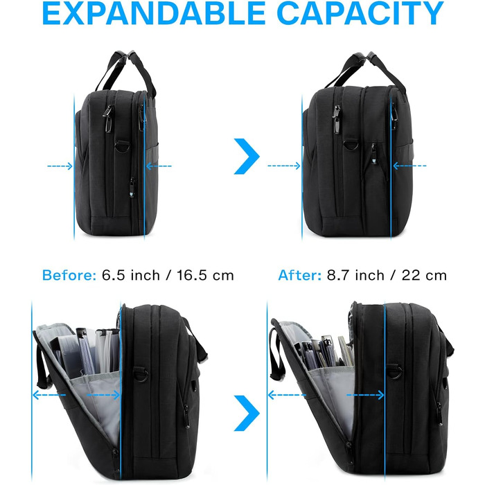 Сумка для ноутбука Bagsmart 17.3 дюймів, розширювана ділова сумка-месенджер для чоловіків та жінок, захисний чохол для бізнес-поїздок та офісу, чорна
