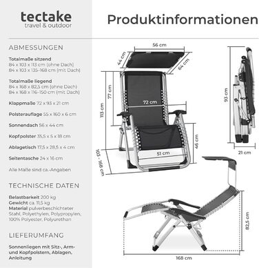 Шезлонг Tectake® розкладний з сонцезахисним дахом, для балкону та саду, місткість до 200 кг, сірий (1 шт.)