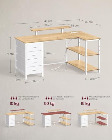 Кутовий комп'ютерний стіл VASAGLE L-подібний з розетками, 4 шухляди, USB, 160x80 см, колір натуральний дуб LWD173KD01