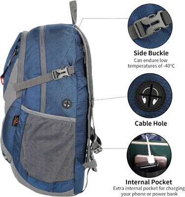Складаний рюкзак WATERFLY 30L для походів, водонепроникний, ультралегкий, з відділенням для вологих речей, для чоловіків і жінок, темно-синій, для туризму, подорожей та прогулянок