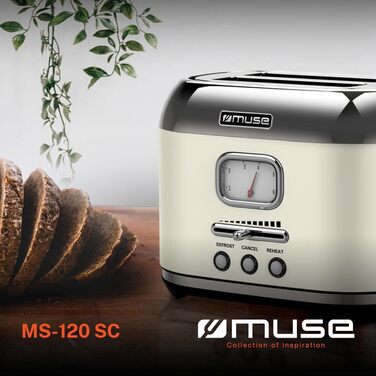 Тостер Muse MS-130 BC бежевий ретро, 2 тости, 6 рівнів підсмажування, з піддоном для крихт