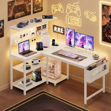 Ігровий стіл YOUDENOVA L-подібний з LED, розеткою USB, поличкою та перфорованою стінкою, 120x80 см. Комп'ютерний стіл для геймерів та дому, білий