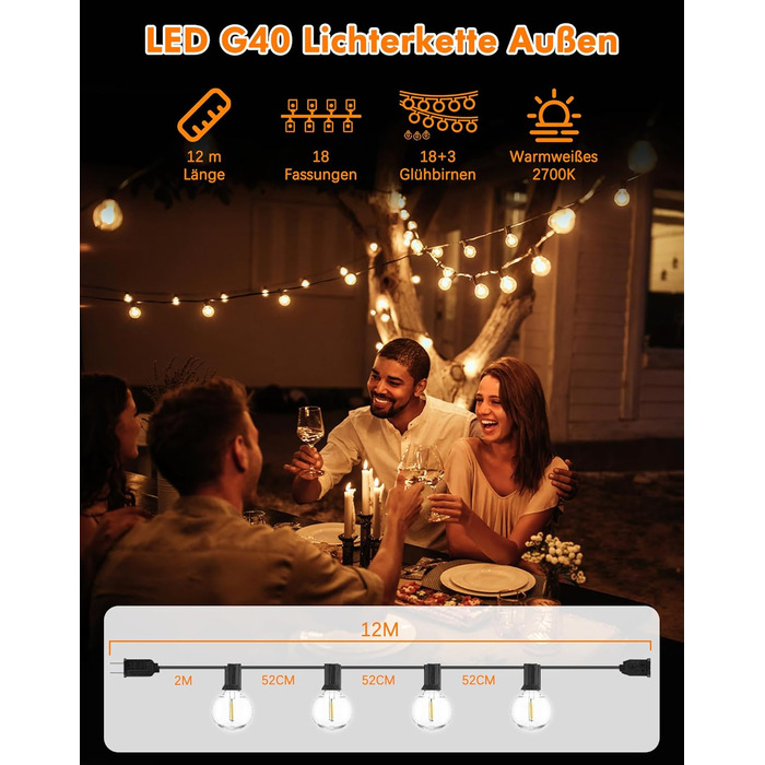 Гірлянда вулична LED 12м, 18+3 лампи G40, водовідпорна IP44, для саду, балкону, весілля, вечірки, теплий білий світ