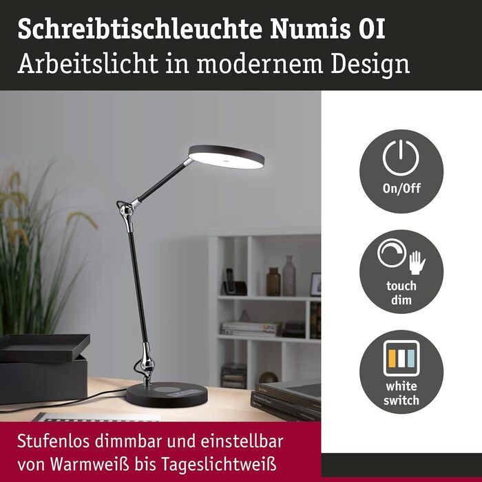 Світлодіодна настільна лампа Paulmann Numis з димером, Tunable White, бездротовою зарядкою Qi, 11 Вт, 2700-6500K, чорний алюміній/пластик
