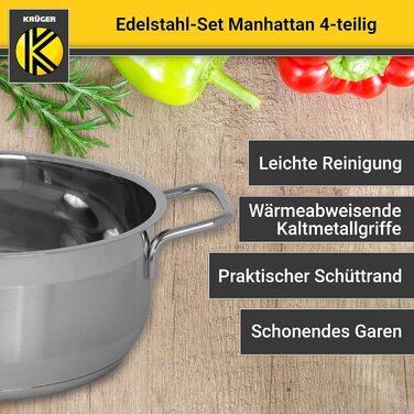 Набір каструль Krüger Manhattan з нержавіючої сталі, 4 предмети: 3 каструлі та сотейник зі скляною кришкою, термодно, зливний край