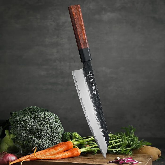Професійний японський ніж Kiritsuke HEZHEN 21,5 см, кухонний ніж із 3-шарової дамаської сталі з восьмигранною ручкою з червоного дерева та дерев'яним чохлом