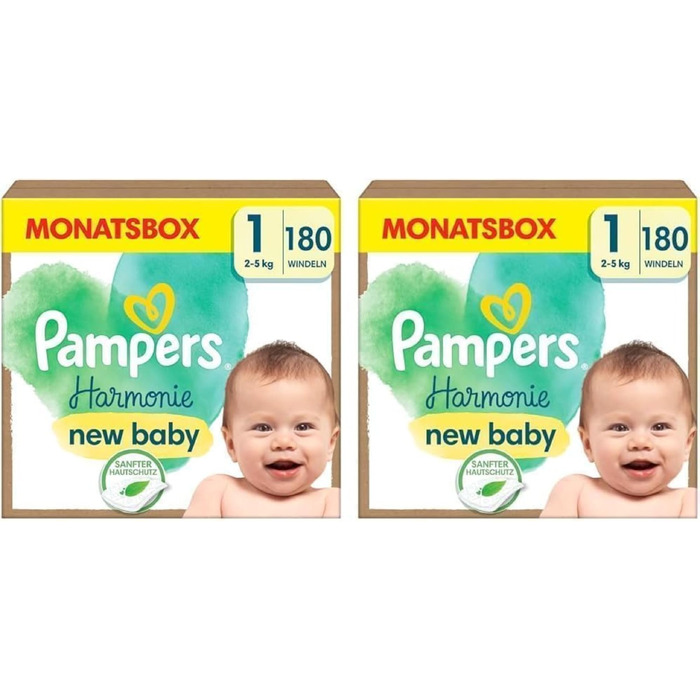 Дитячі підгузки Pampers Harmonie розмір 1 (2-5 кг), гіпоалергенні, на рослинній основі, 180 шт