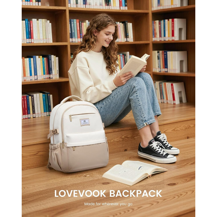 Шкільний рюкзак LOVEVOOK для дівчат та підлітків, сумка для ноутбука 15.6 дюймів, жіночий міський рюкзак, колір хакі-бежевий