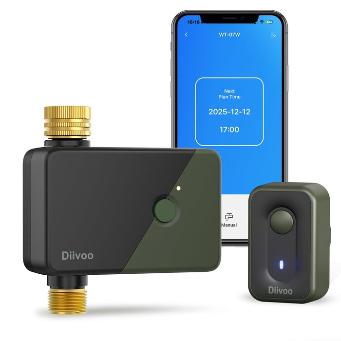 Diivoo WLAN Таймер для поливу з латунними з'єднаннями, 12 програм, сумісний з Alexa/Google, датчик дощу для саду, газону, балкону (1 вихід)
