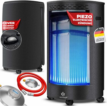 Газовий обігрівач KESSER 4200 Вт, керамічний інфрачервоний, з редуктором і шлангом, для бутану/пропану, з чохлом, чорний(Газовий балон не входить у комплект)