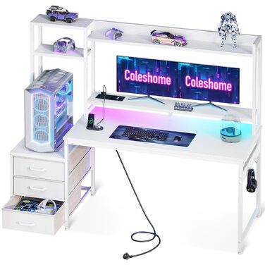 Ігровий стіл Coleshome з LED-підсвіткою, розеткою, полицями та шухлядами 137x48 см (Білий карбон)