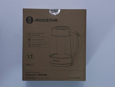 Електричний скляний чайник Aigostar 1,7 л з терморегулятором, підсвіткою, ситечком з нержавіючої сталі, функцією підтримки тепла, BPA Free