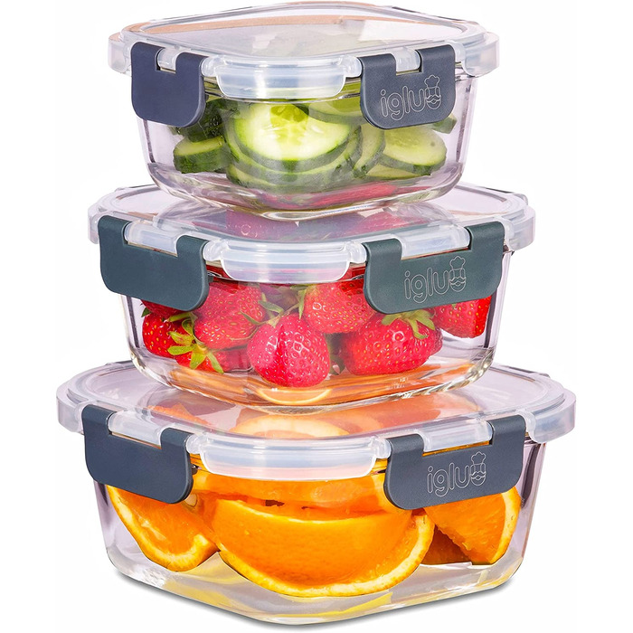 Igluu Meal Prep – Набір квадратних скляних контейнерів для їжі, 3 шт. (800 мл, 520 мл, 320 мл), герметичні, з кришками без BPA, для мікрохвильовки, духовки та посудомийної машини