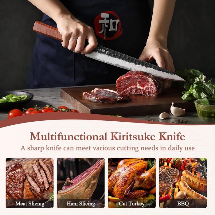 Професійний японський ніж Kiritsuke HEZHEN 21,5 см, кухонний ніж із тришарової дамаської сталі з восьмигранною ручкою з червоного дерева та дерев'яним чохлом