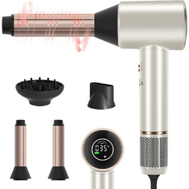 Фен PARWIN PRO BEAUTY Air-Sonic з HD-LED дисплеєм, безщітковим мотором 110000 об/хв, низьким рівнем шуму, автоматичними плойками 2x32 мм, потужним потоком повітря 25 м/с для швидкого сушіння, шампань-срібло