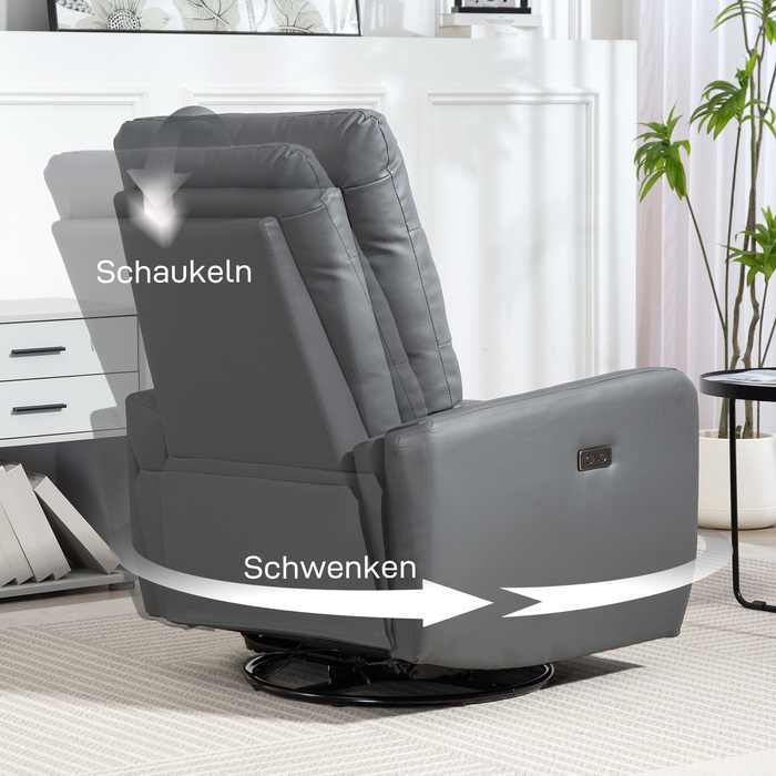 Електричний реклайнер для телевізора HOMCOM з функцією відкидання, функцією гойдання, портами USB та USB-C Поворотне крісло з регульованою спинкою, для вітальні, сірий