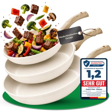 Набір сковорідок Cook&Pan Induktion Keramik: 3 шт (20/24/28 см), антипригарне покриття Greenshield без PFAS та тефлону, для індукційних плит, кремовий колір
