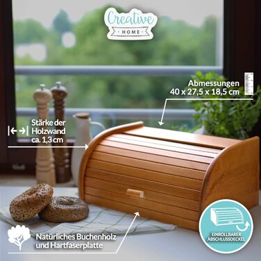 Дерев'яна хлібниця Creative Home Erle з роликовою кришкою, 38x28,5x17,5 см, натуральна, для хліба, булочок та випічки, стильна хлібна скриня для кухні