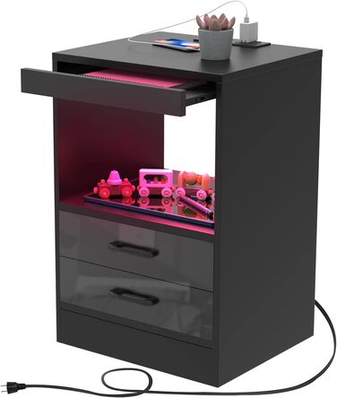 Прикроватна тумба Lvhecforhm з LED-підсвіткою, USB та розетками, чорна, з висувною шухлядою і відкритими полицями, 40x35x60 см