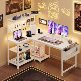 Ігровий стіл YOUDENOVA L-подібний з LED, розеткою USB, поличкою та перфорованою стінкою, 120x80 см. Комп'ютерний стіл для геймерів та дому, білий