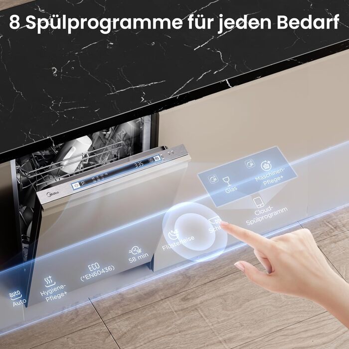 Посудомийна машина Midea SV 5.14K10C, 45 см, 10 комплектів, Inox, WIFI, 8 програм, 44 дБ, автоматичне відкриття дверцят, таймер 0-24 години