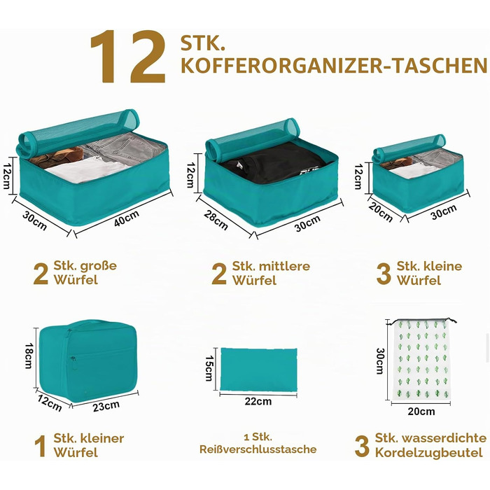 Набір органайзерів для подорожей та валізи Packing Cubes, 12 предметів, світло-блакитний — сумка-органайзер для одягу та речей у дорогу