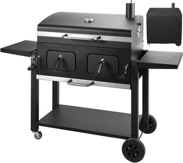 XXL вугільний гриль Grillwagen з кришкою, коптильня, гриль з колесами, ручка з нержавіючої сталі, грати, термометр, підлоговий гриль, 154.5 x 89 x 122 см