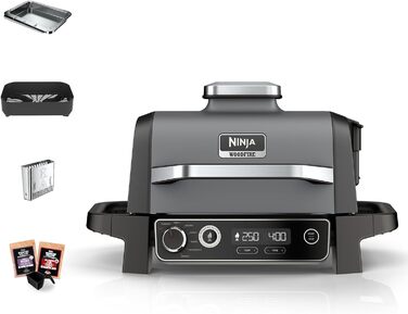 Електричний гриль та коптильня Ninja OG701EU Woodfire для вулиці, аерофритюрниця, 7 режимів приготування, сірий, чорний BBQ гриль