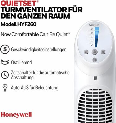 Оцилюючий турбовентилятор Honeywell QuietSet HYF260 для всієї кімнати, 5 швидкостей, 80° осциляція, таймер, автоматичне вимкнення підсвітки, пульт ДК