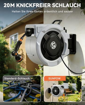 Шланговий барабан SUNPOW настінний 30м, 16 мм - автоматичний згортач з фіксацією, поворотна стіна, 10 функцій для саду, тераси та двору