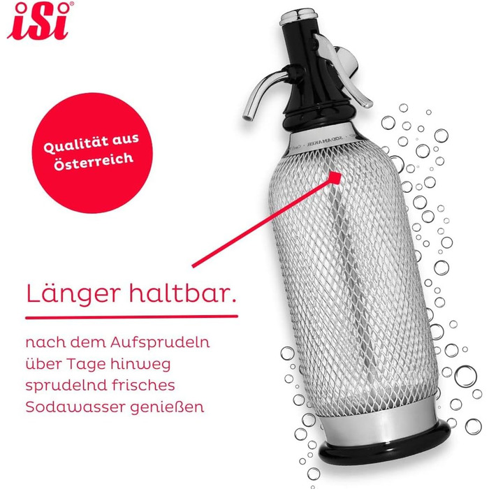 Сифон для газування води iSi Sodamaker Classic 1,0 л, з пляшкою PEN в сталевій оплітці, пристрій для приготування газованої води, аксесуар для бару у вінтажному стилі