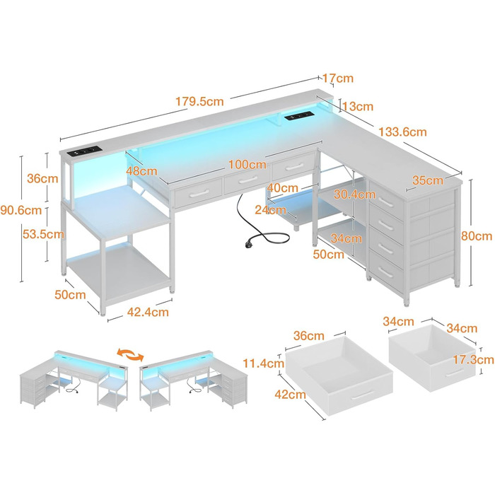 Ігровий кутовий стіл Coleshome з RGB підсвіткою, 7 ящиків, 179.5x135.5 см - білий