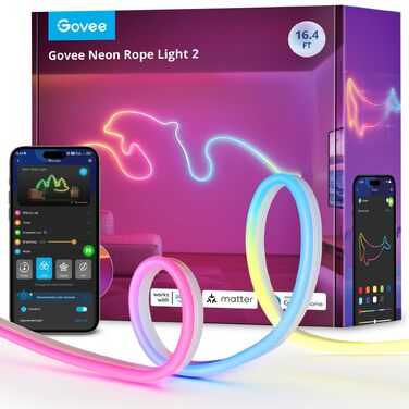 Гнучка неонова LED-стрічка Govee Neon Rope Light 2 RGBIC, 5м, біла, для DIY дизайну та інтер'єру