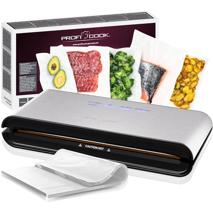 ProfiCook PC-VK 1080 Вакуумний пакувальник з 18 пакетами для Sous Vide та вакуумного приготування, нержавіюча сталь