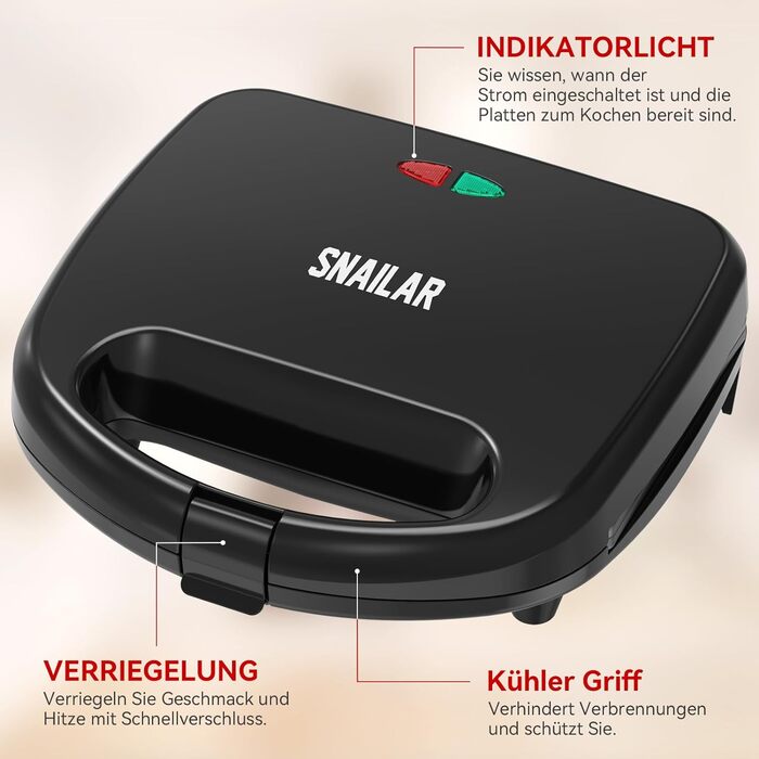 Вафельниця Snailar, компактна 750Вт, бельгійська, 2 квадратні пластини, антипригарне покриття, легке очищення, для хрустких вафель